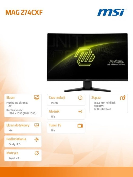 MSI Monitor MAG 274CXF     27 cali LED/FHD/Zakrzywiony/280Hz/Czarny