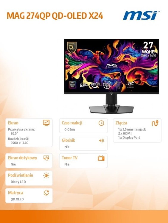 MSI Monitor MAG 274QP QD-OLED X24/26.5/FLAT/QD-OLED/WQHD/240Hz