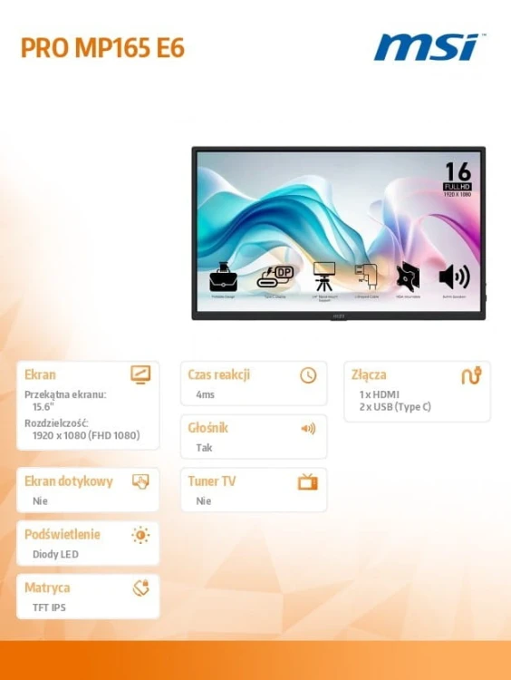 MSI Monitor 15.6 cala PRO MP165 E6 LED/FHD/Flat/60Hz/czarny