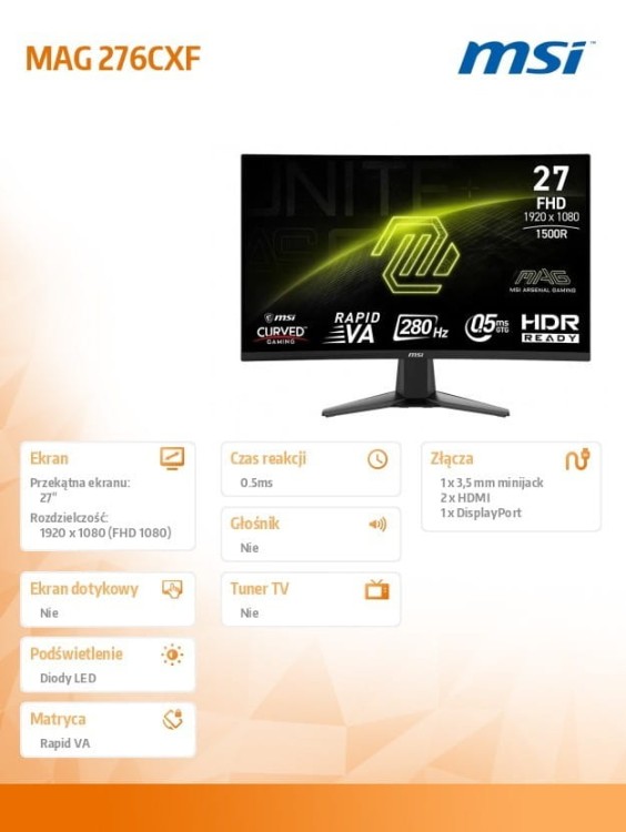 MSI Monitor MAG 276CXF     27 cali LED/FHD/Zakrzywiony/280Hz/Czarny