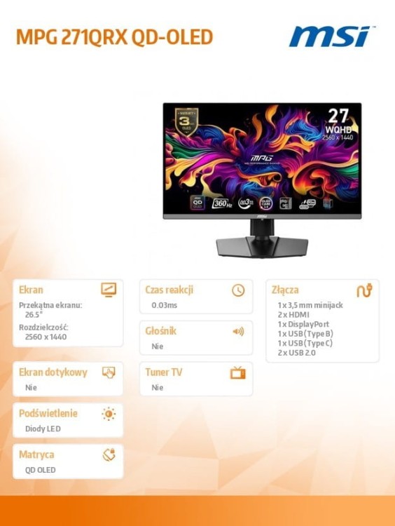 MSI Monitor MPG 271QRX QD-OLED 26.5 cala/LED/WQHD/FLAT/360Hz/Czarny