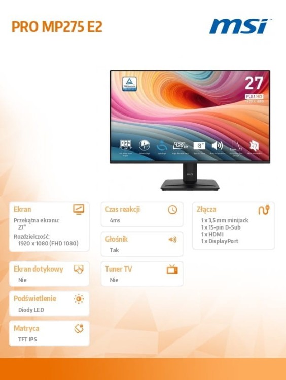 MSI Monitor PRO MP275 E2   27 cali/LED/FHD/Flat/120Hz/Czarny