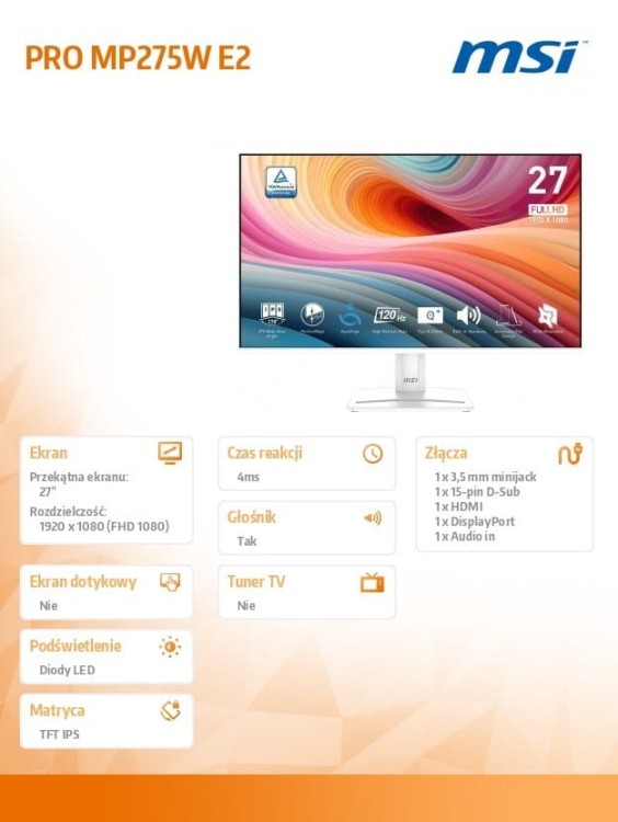 MSI Monitor PRO MP275W E2  27 cali/LED/FHD/FLAT/120Hz/Biały