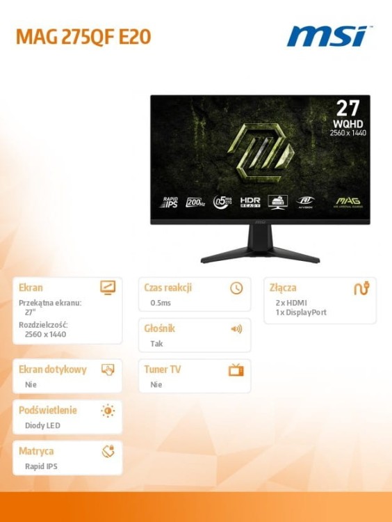 MSI Monitor MAG 275QF E20  27 cali/LED/WQHD/Flat/200Hz/Czarny