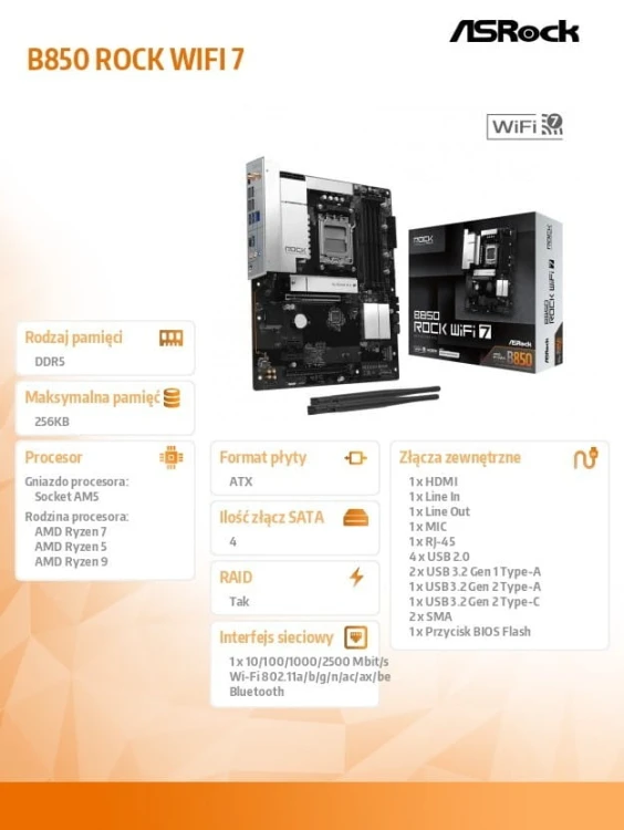 ASRock Płyta główna B850 ROCK WIFI 7 AM5 4DDR5 ATX