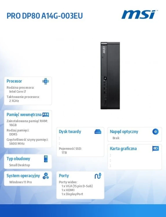 MSI Komputer PRO DP80 A14G-003EU WIN11PRO/Intel Core i7-14700/16GB/512 GB SSD/Czarny