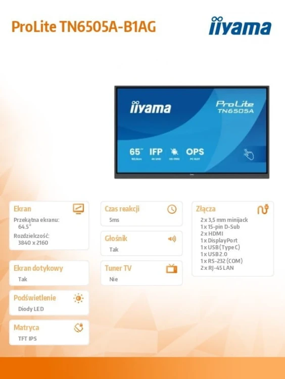 IIYAMA Monitor 65 cali TN6505A-B1AG IPS,4K,40pkt,500cd,nonOS,1200:1,5ms,    DeepContrast-IR+, 1xVGA,2xHDMI,DP,USB-C(PD65W),2xRJ45,2x20W,PiP,PbP,UCHWYT