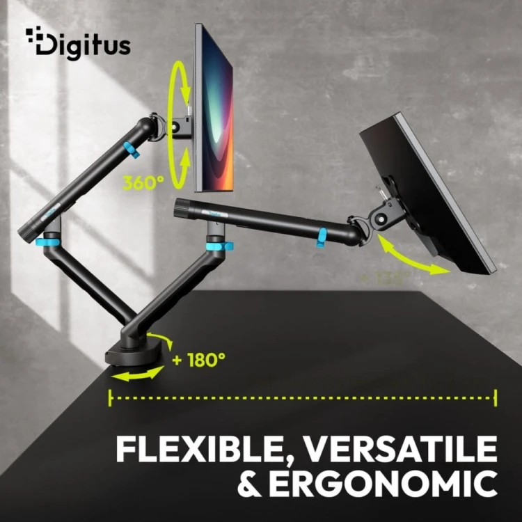 Digitus Ramię biurkowe podwójne z zaciskiem i sprężyną mechaniczną 2x LCD max. 35" obciążenie 2x10kg, VESA: 75x75, 100x100, czarne