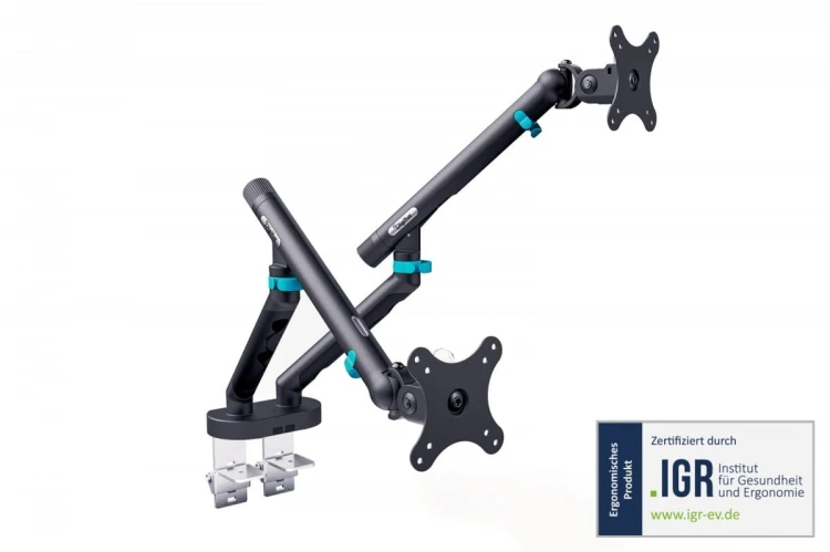 Digitus Ramię biurkowe podwójne z zaciskiem i sprężyną mechaniczną 2x LCD max. 35" obciążenie 2x10kg, VESA: 75x75, 100x100, czarne