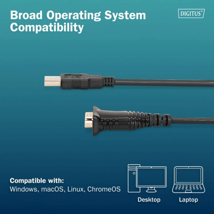 Digitus Kabel adapter USB 2.0 do RS232 (DB9) | Chipset FTDI (FT232RNL) | PVC, czarny | Mocowanie w tulejkach gwintowanych | 1.8m