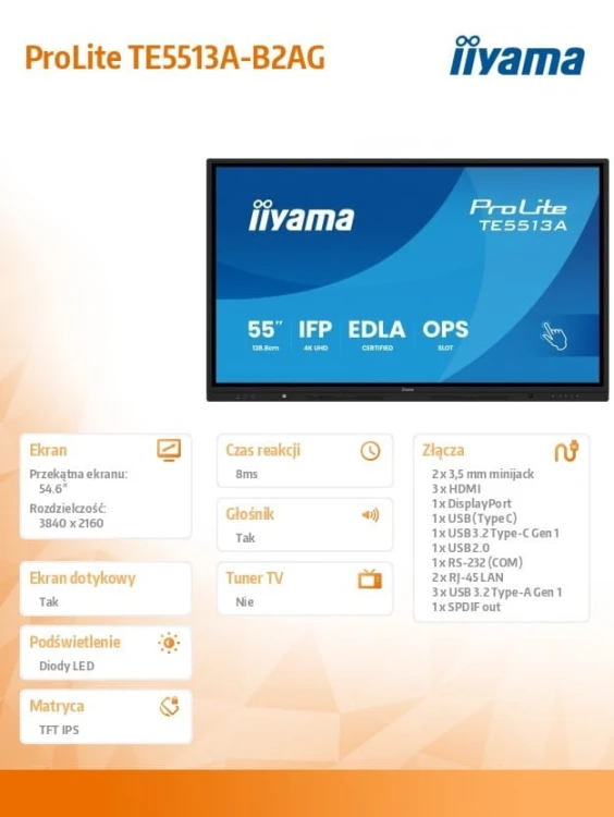 IIYAMA Monitor interaktywny 55 cali TE5513A-B2AG INFRARED,40pkt,IPS,4K,7H,500cd/m2,      WiFi,USB, ANDROID 14, Google EDLA,2x20W, UCHWYT ŚCIENNY
