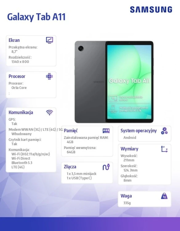 Samsung Tablet Galaxy Tab A11 X135 4G 8.7 cala 8/128GB Szary