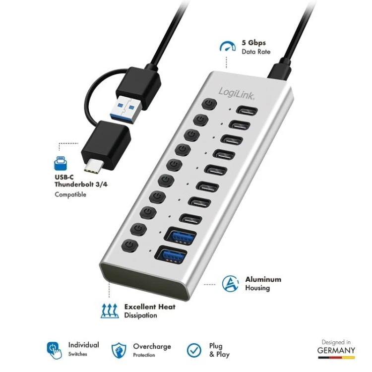 LogiLink Hub USB3.2 10-portow USB-A/C, funkcja on/off