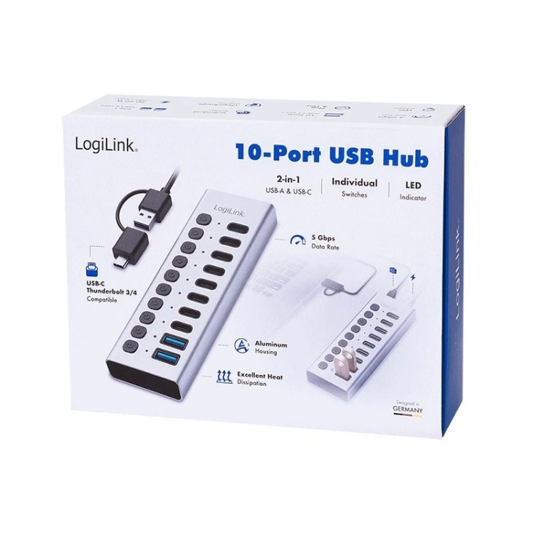 LogiLink Hub USB3.2 10-portow USB-A/C, funkcja on/off