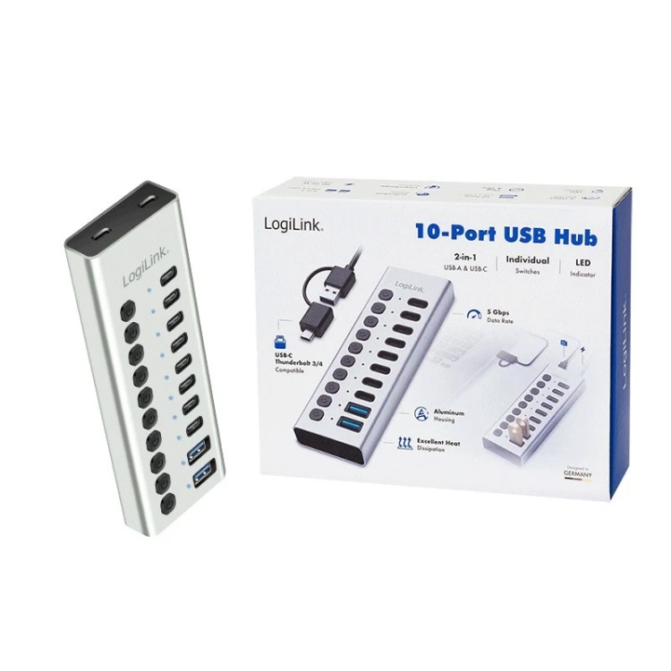 LogiLink Hub USB3.2 10-portow USB-A/C, funkcja on/off