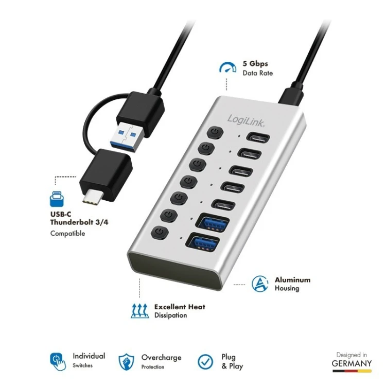 LogiLink Hub 7xUSB-A/C z przełącznikiem on/off
