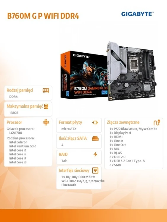 Gigabyte Płyta główna B760M GAMING PLUS WIFI s1700 4DDR4 DP/HDMI mATX