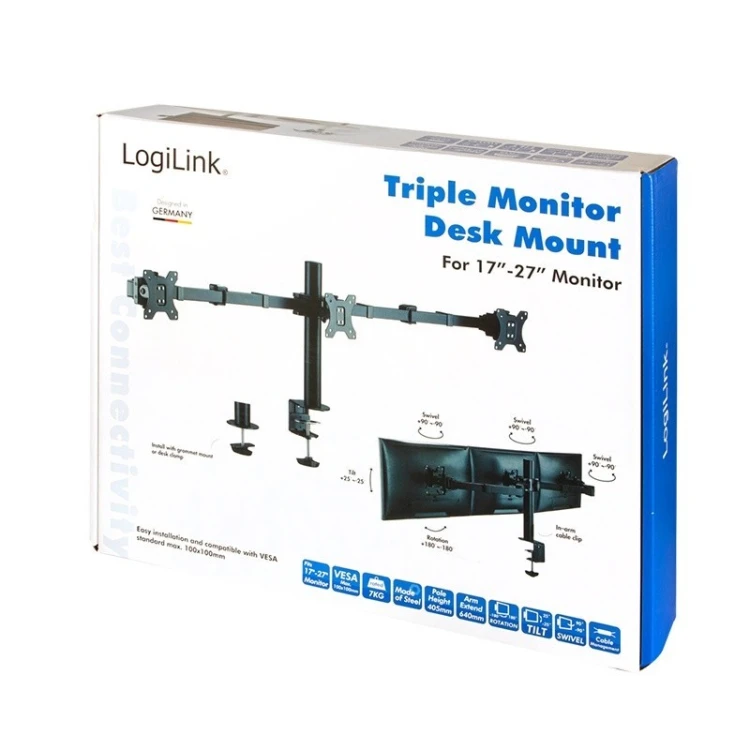 LogiLink Uchwyt na 3 monitory,17 -27 cali, ramie 380mm,3x7kg