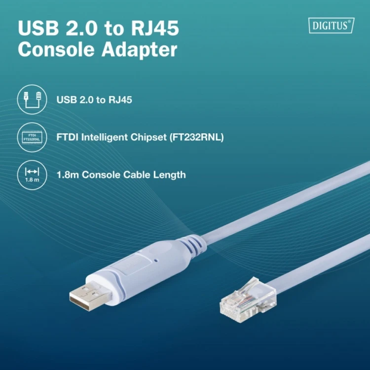 Digitus Kabel adapter do konsoli USB-A 2.0 męski do RJ45 | Chipset FTDI (FT232RNL) | jasnoniebieski | 1.8m