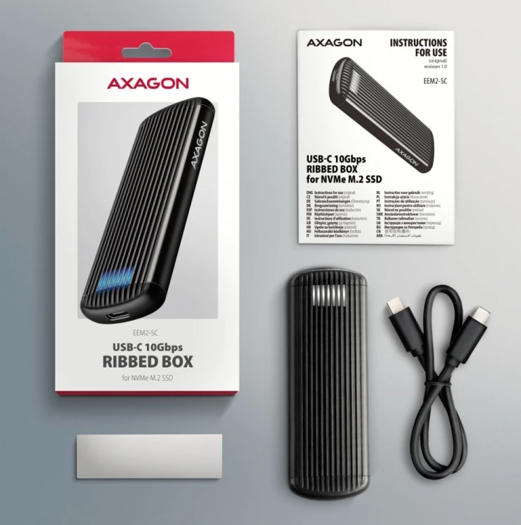 AXAGON EEM2-SC Obudowa zewnętrzna aluminiowa bezśrubowa USB-C 3.2 Gen 2 10Gbps - M.2 NVMe SSD, długość 30 do 80 mm szary