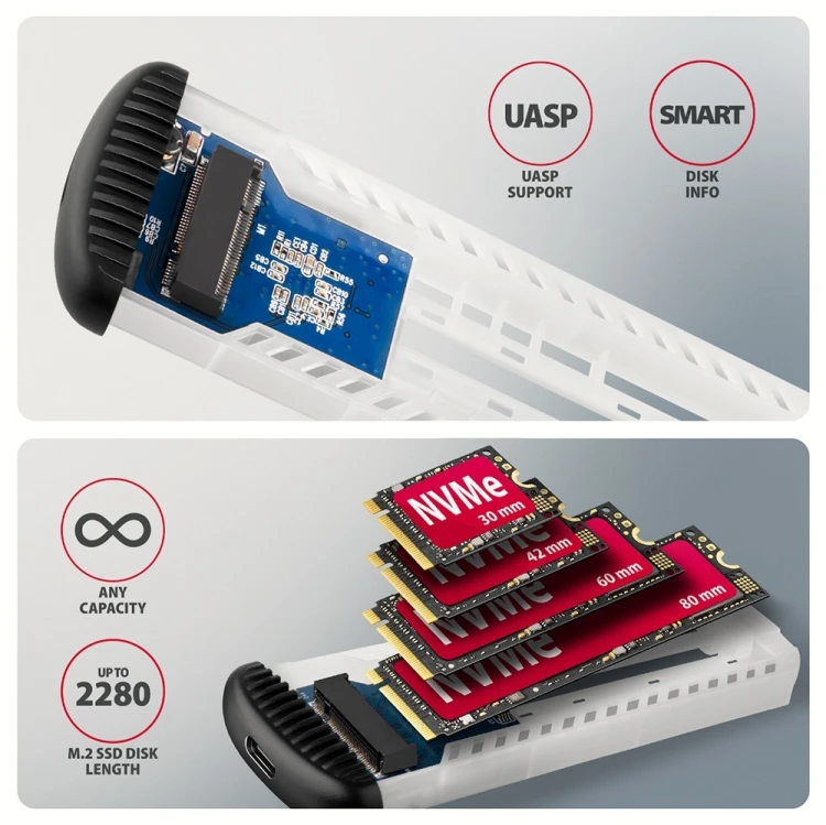 AXAGON EEM2-SC Obudowa zewnętrzna aluminiowa bezśrubowa USB-C 3.2 Gen 2 10Gbps - M.2 NVMe SSD, długość 30 do 80 mm szary