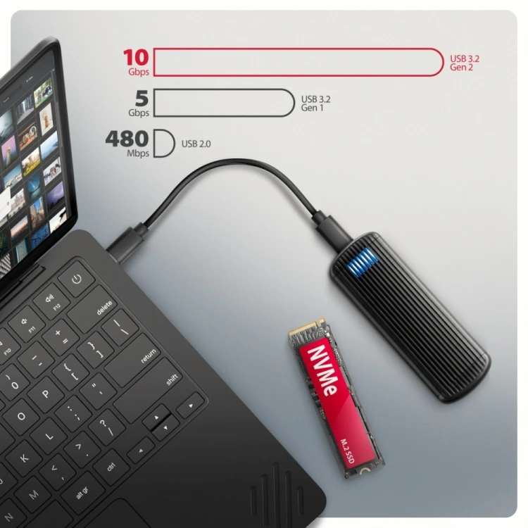 AXAGON EEM2-SC Obudowa zewnętrzna aluminiowa bezśrubowa USB-C 3.2 Gen 2 10Gbps - M.2 NVMe SSD, długość 30 do 80 mm szary