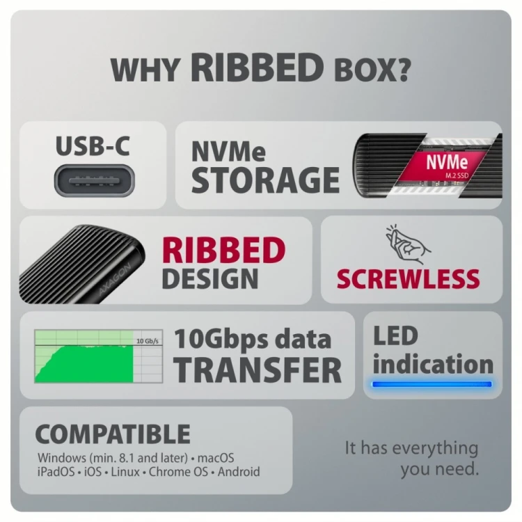 AXAGON EEM2-SC Obudowa zewnętrzna aluminiowa bezśrubowa USB-C 3.2 Gen 2 10Gbps - M.2 NVMe SSD, długość 30 do 80 mm szary