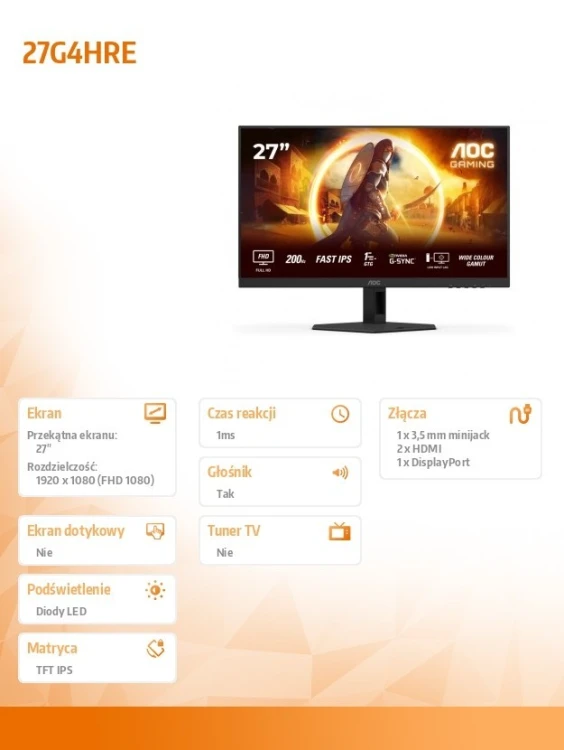 AOC Monitor 27G4HRE 27 cali Fast IPS 200Hz HDMIx2 DP Głośniki