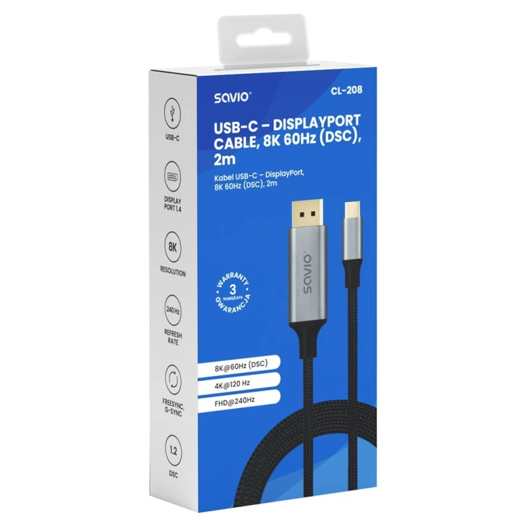 Savio Kabel USB-C do Display Port 8K 60Hz, 2m CL-208