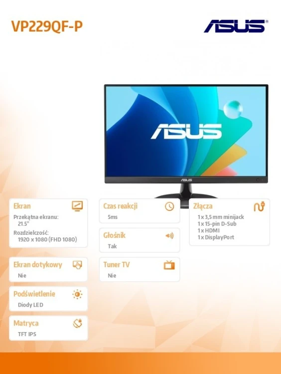 Asus Monitor 21.5 cala VP229QF-P IPS FHD DP HDMI 100Hz