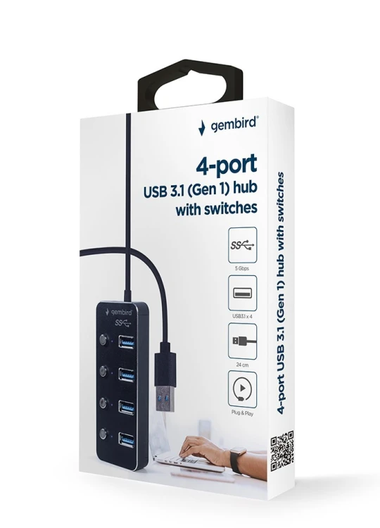 Gembird HUB 4-portowy USB 3.1 (Gen 1) z przełącznikami czarny