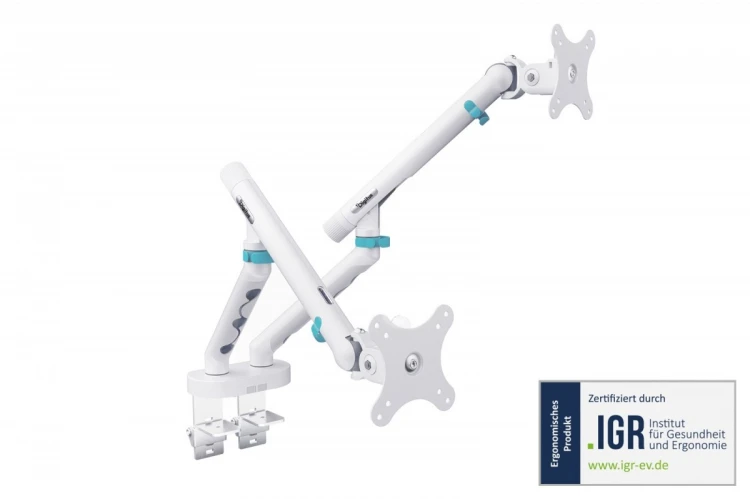 Digitus Ramię biurkowe podwójne z zaciskiem i sprężyną mechaniczną 2x LCD max. 35" obciążenie 2x10kg, VESA: 75x75, 100x100, białe