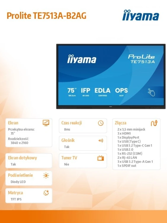 IIYAMA Monitor interaktywny 75 cali TE7513A-B2AG INFRARED,40pkt,IPS,4K,7H,500cd/m2,      WiFi,USB, ANDROID 14, Google EDLA,2x20W, UCHWYT ŚCIENNY