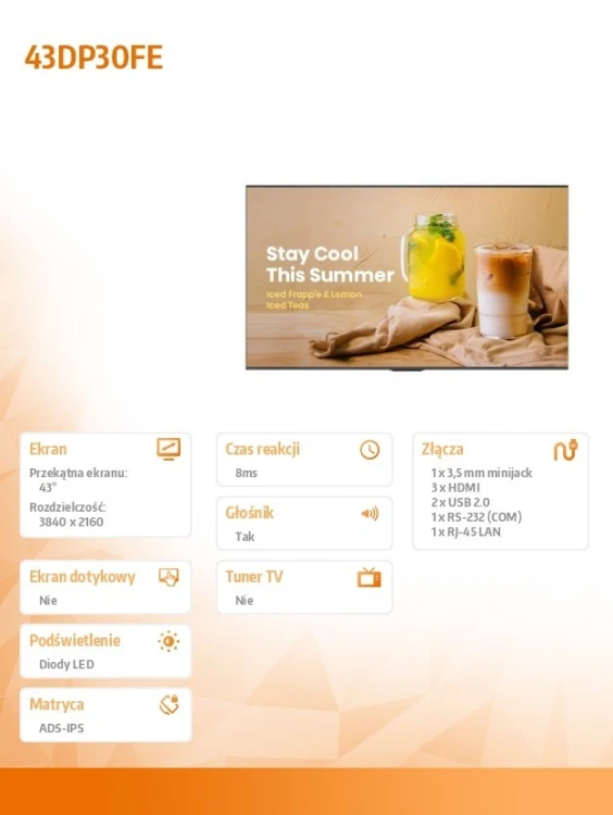 Hisense Monitor 43DP30FE 43 cale 4K UHD ADS Digital Signage Display 16/7