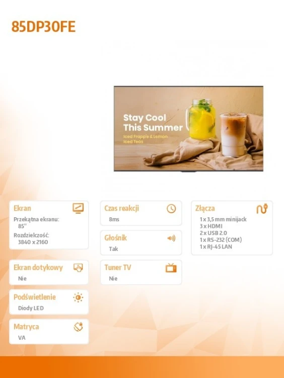 Hisense Monitor 85DP30FE 85 cali 4K UHD VA Digital Signage Display 16/7
