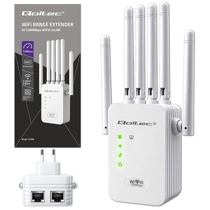 Qoltec Wzmacniacz syganłu WiFi 6 | Repeater | Access Point | AX1200 Mb/s| 6 anten | 2xRJ45 | 128MB