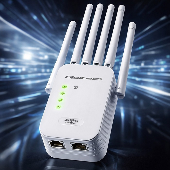 Qoltec Wzmacniacz syganłu WiFi 6 | Repeater | Access Point | AX1200 Mb/s| 6 anten | 2xRJ45 | 128MB