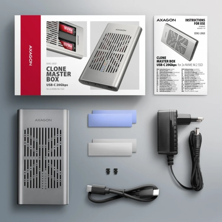 AXAGON EEM2-20GD Obudowa zewnętrzna aluminiowa USB-C 3.2 Gen2x2, Dual NVMe M.2 SSD 20gbps, Clone Master