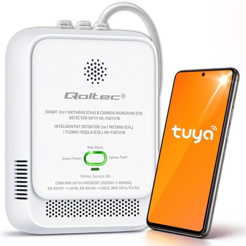 Qoltec Czujnik wycieku gazu ziemnego i tlenku węgla (czadu) | Tuya | Wi-Fi | alarm 85dB | LED
