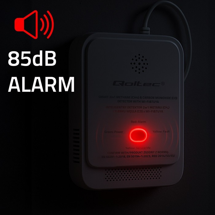 Qoltec Czujnik wycieku gazu ziemnego i tlenku węgla (czadu) | Tuya | Wi-Fi | alarm 85dB | LED