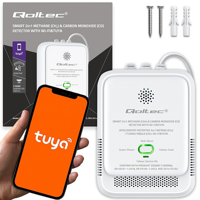 Qoltec Czujnik wycieku gazu ziemnego i tlenku węgla (czadu) | Tuya | Wi-Fi | alarm 85dB | LED