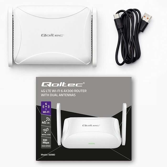 Qoltec Router Home&Travel 4G LTE WiFi 6 | AX300 | 2.4GHz | Dual Antena |USB-C | Micro SIM