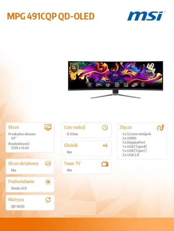 MSI Monitor MPG 491CQP QD-OLED 49 cali/LED/QD-OLED/Zakrzywiony/144Hz/Czarny