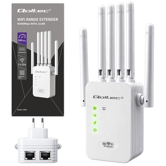 Qoltec Wzmacniacz sygnału WiFi | Repeater | Access Point | 300Mb/s | 6  anten | 2xRJ45