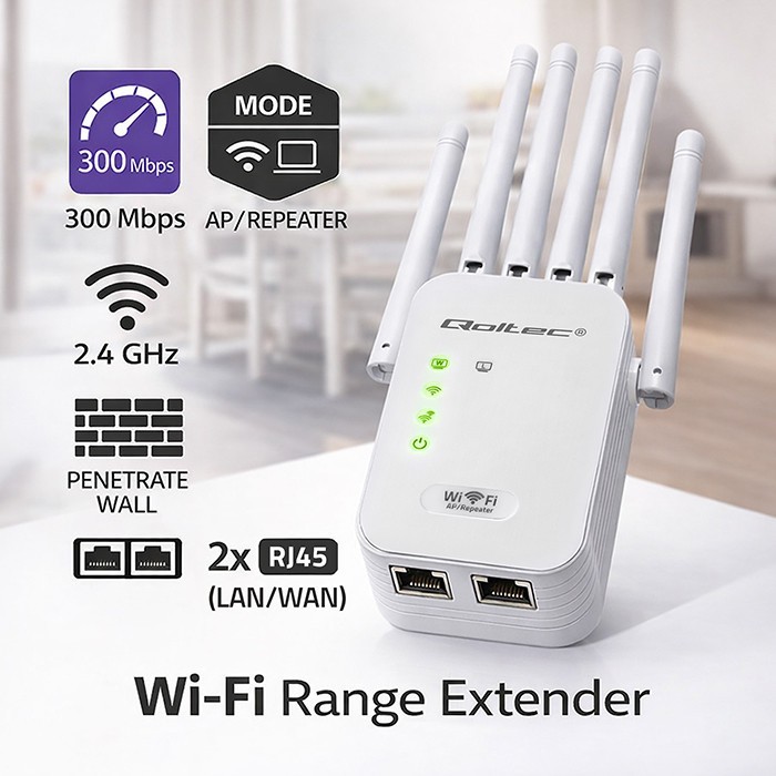 Qoltec Wzmacniacz sygnału WiFi | Repeater | Access Point | 300Mb/s | 6  anten | 2xRJ45
