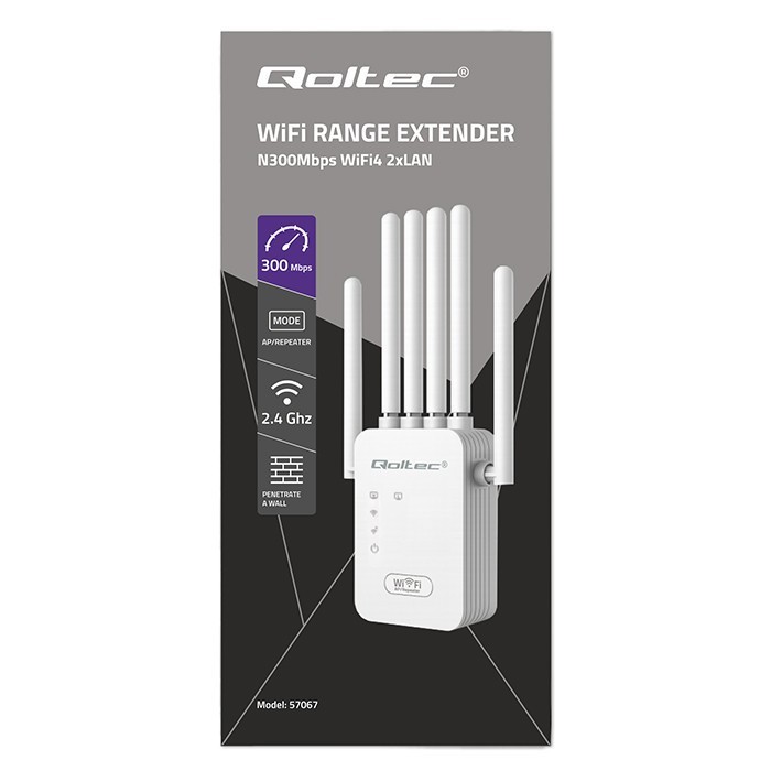 Qoltec Wzmacniacz sygnału WiFi | Repeater | Access Point | 300Mb/s | 6  anten | 2xRJ45