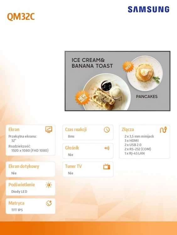 Samsung Monitor profesjonalny QM32C 32 cale Błyszcząca/IPS 24h/7 400(cd/m2) 1920x1080 (FHD) S10 Player (Tizen 7, VXT Ready) Wi-Fi/BT 3 lata d2d