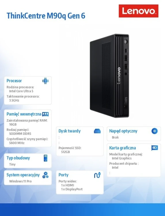 Lenovo Komputer ThinkCentre M90q Tiny G6 W11Pro Ultra 5 245/16GB/512GB/INT/vPro/Black/3YRS OS + 1YR Premier