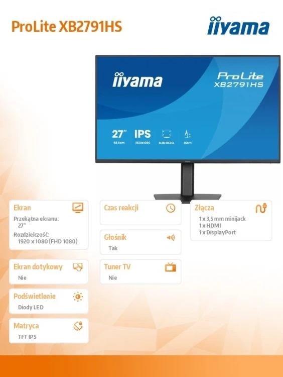 IIYAMA Monitor 27 cali XB2791HS-B1 FHD,IPS.HDMI.DP.2x2W,350cd,1500:1,        120Hz,HAS 150 (PIVOT)