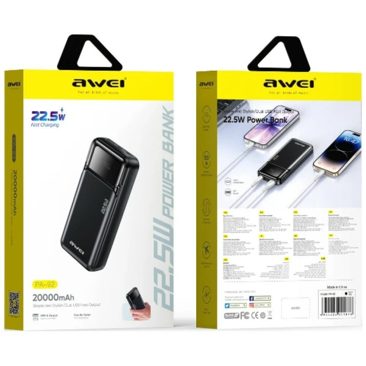 AWEI Powerbank PA-92 22,5W PD 20000mAh 2xUSB-C